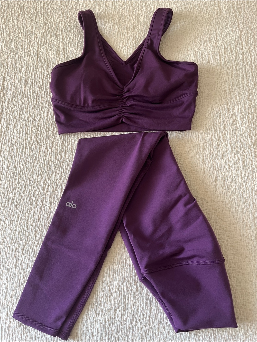ALO Yoga Deep Plum Ruched Sports Bra (S) and Leggings (XXS) Set